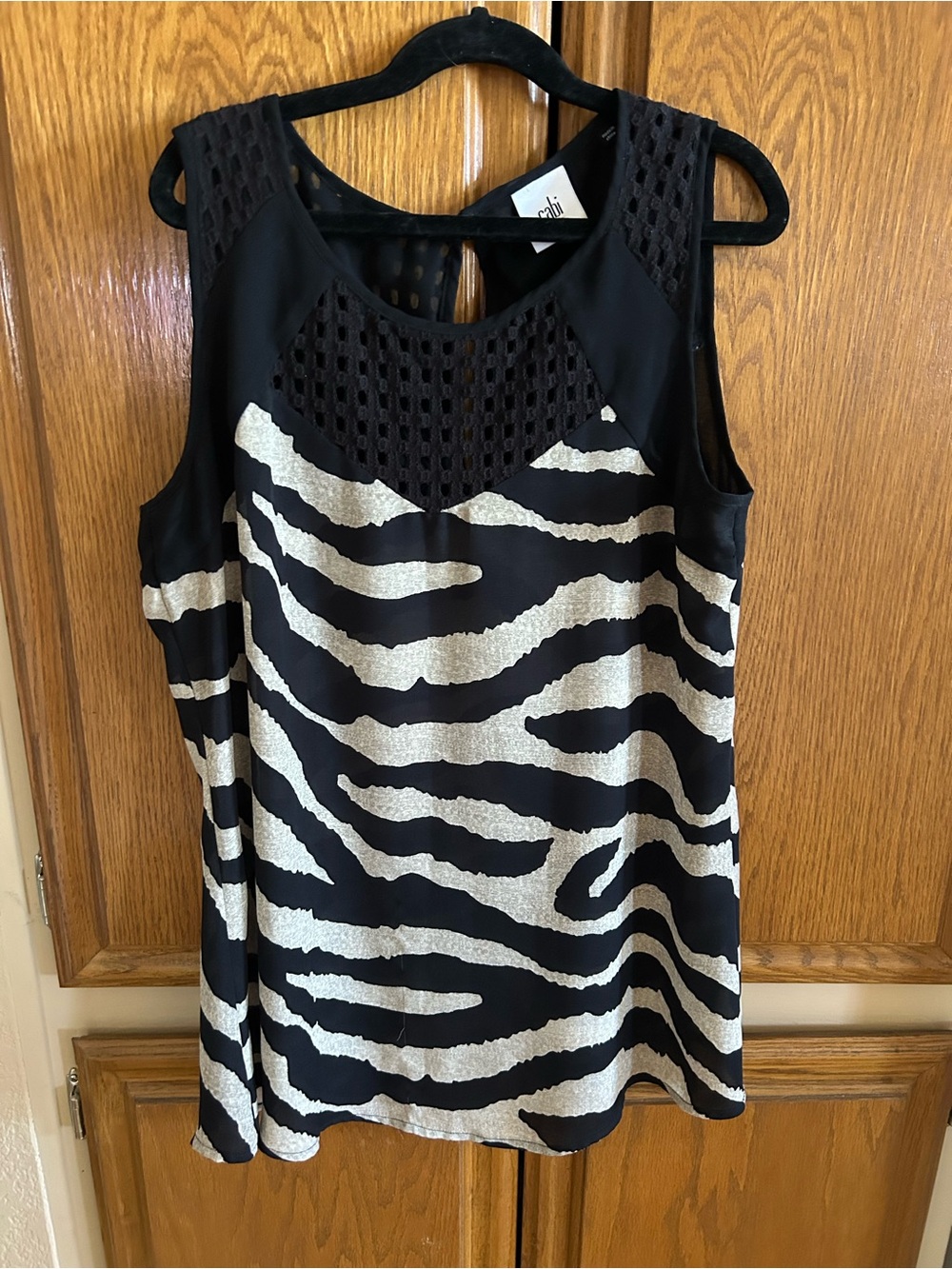 $18 Cabi Black & Gray Zebra-Print Crochet Yoke Tank